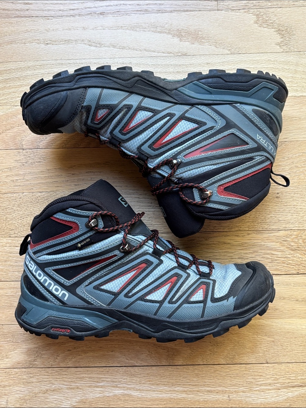 Salomon Men’s Size 10 X Ultra 3 Mid GTX Hiking Shoes Boot Gore-Tex Grey Red